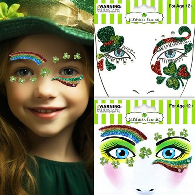 2 Packs St.Patrick's Day Face Tattoos Irish Shamrock Hat Rainbow Design Temporary Tattoo for Women Eye Face Makeup Decoration Green Glitter Gem Jewelry Eye Shadow Sticker for Party Parade Favor Supply