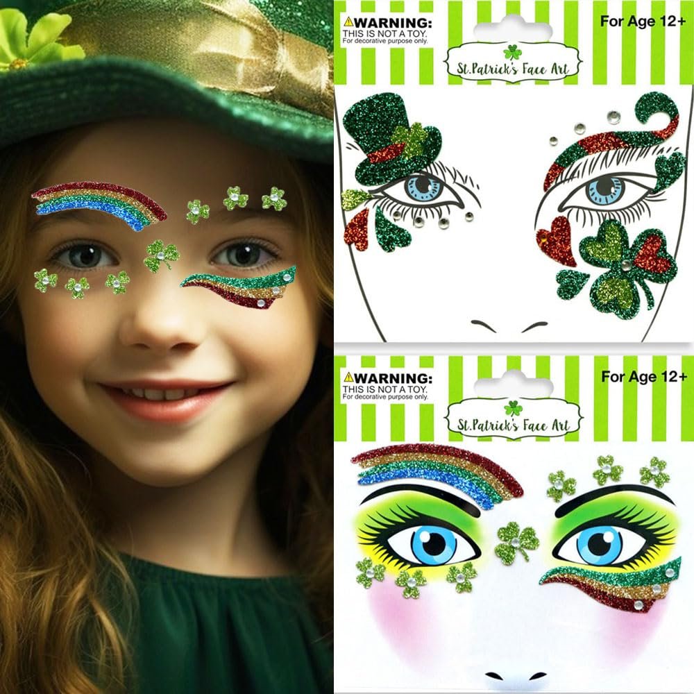 2 Packs St.Patrick's Day Face Tattoos Irish Shamrock Hat Rainbow Design Temporary Tattoo for Women Eye Face Makeup Decoration Green Glitter Gem Jewelry Eye Shadow Sticker for Party Parade Favor Supply