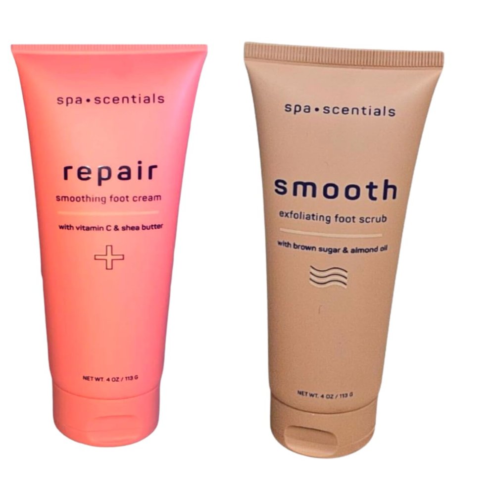 Foot Care Set, Repair Smoothing Cream with Vitamin C & Shea Butter, Exfoliating Scrub with Brown Sugar & Almond Oil, 4 oz Each 2 pack