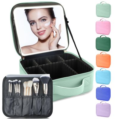SUILU Makeup Bag with Led Mirror,Travel Makeup Organizer with 3 Color Setting, Portable Storage and Adjustable Dividers Travel Makeup Bag(light green)