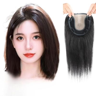12x14cm Swiss Net Neddle Clip In Toppers Natural Black Straight Hair Human Hair Wiglet Free Parting Hairpiece for Women Thin Hair (Natural black,30cm With bangs)