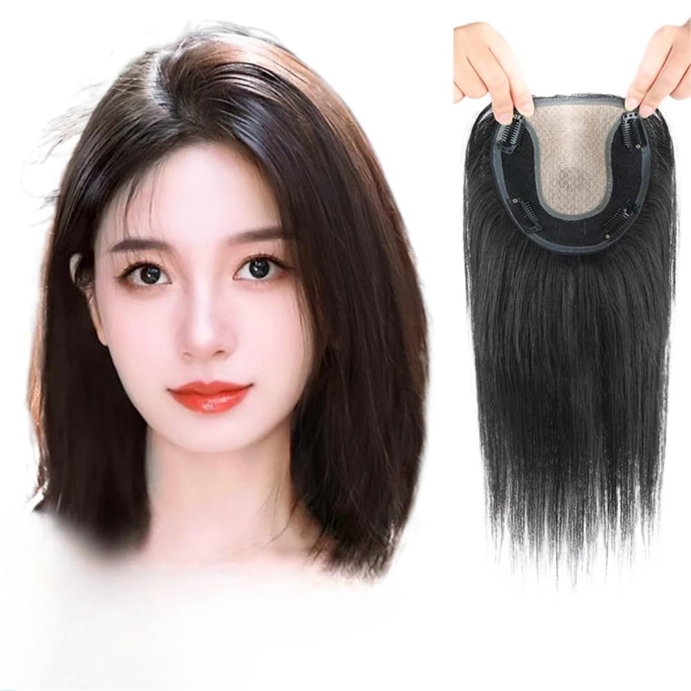 12x14cm Swiss Net Neddle Clip In Toppers Natural Black Straight Hair Human Hair Wiglet Free Parting Hairpiece for Women Thin Hair (Natural black,30cm With bangs)