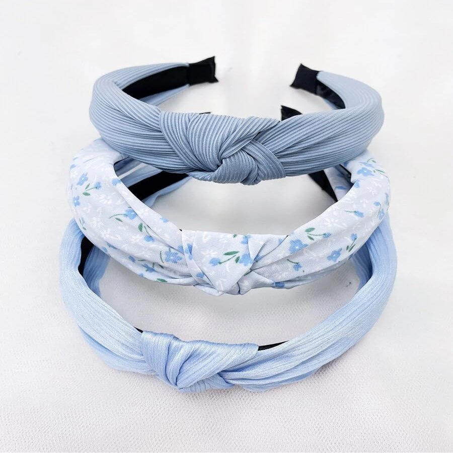 AIBFRID 3 Packs Top Knot Headbands for Women, Blue Knotted Head Bands for Women's Hair Floral Spring Summer Hairbands Cute Hair Accessories