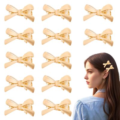 12pcs Hair Bow Claw Clips for Women, Cute Bowknot Hair Jaw Clips Mini Bow Barrettes Metal Clamps for Thick Thin Straight Curly Hair (Gold)