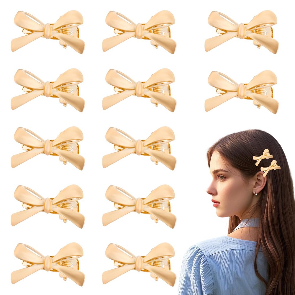 12pcs Hair Bow Claw Clips for Women, Cute Bowknot Hair Jaw Clips Mini Bow Barrettes Metal Clamps for Thick Thin Straight Curly Hair (Gold)