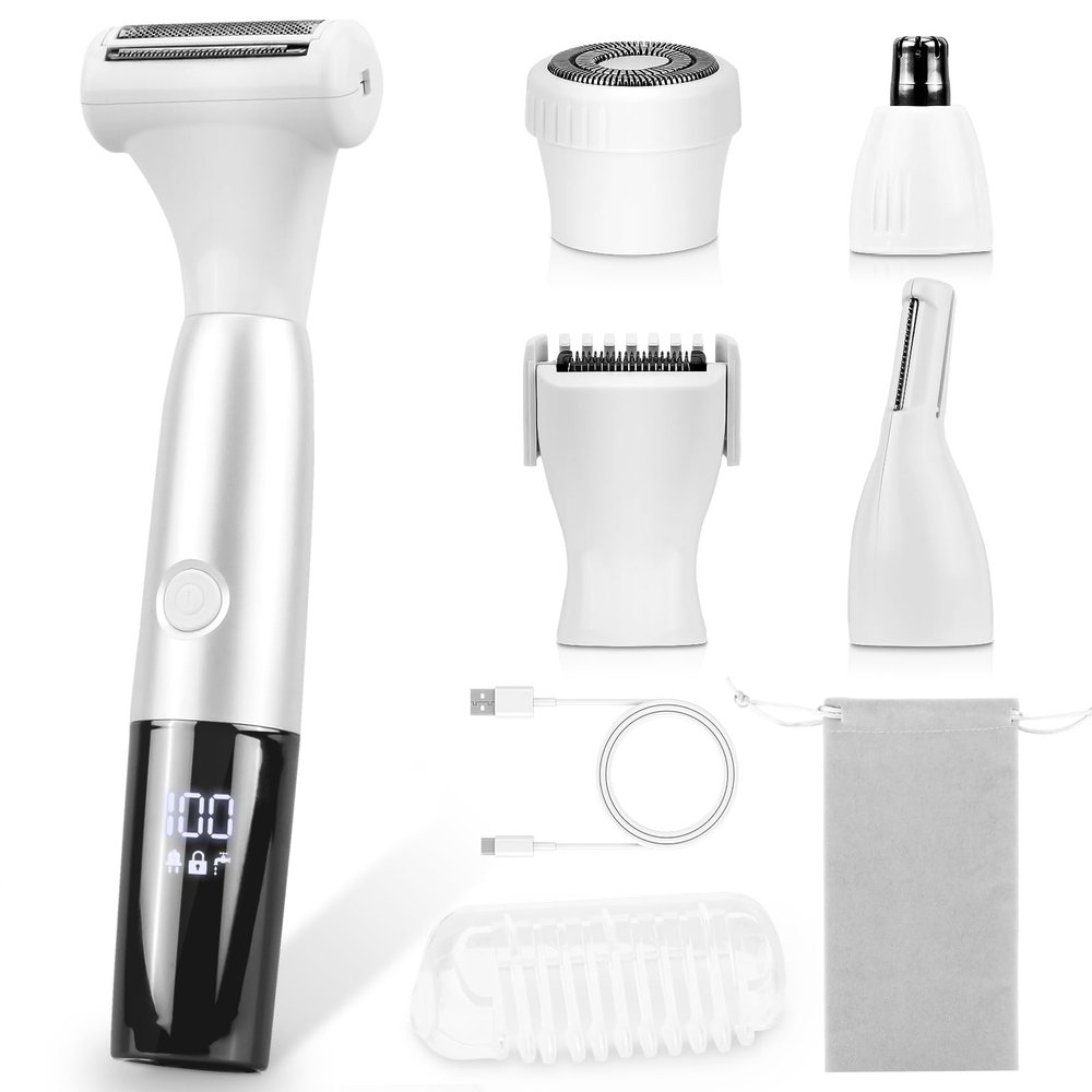 5 in 1 Bikini Trimmer for Women - Electric Razors for Women, Cordless Rechargeable Electric Shaver, IPX7 Waterproof Wet Dry Lady Body Hair Remover for Face Nose Eyebrow Arm Leg Pubic Armpit Bikini