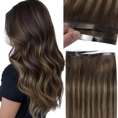 Loxxy DIY Long Weft Tape in Hair Extensions Human Hair - Invisible Wide Tape in Hair Extension 16 Inch 50g - Rooted Darkest Brown to Chestnut Brown Highlights, One Piece Wide Weft 31.5" (80cm)