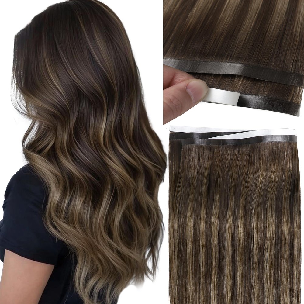Loxxy DIY Long Weft Tape in Hair Extensions Human Hair - Invisible Wide Tape in Hair Extension 16 Inch 50g - Rooted Darkest Brown to Chestnut Brown Highlights, One Piece Wide Weft 31.5" (80cm)