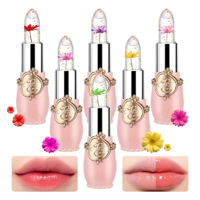 6PCS Crystal Flower Jelly Lipstick Set,Moisturizing Color Changing Lip Gloss Set,Clear Tinted Magic Lip Stain Moisturizer Gift Set,Waterproof Lip Balm Set,Long Lasting Hydrating Lipgloss for Women