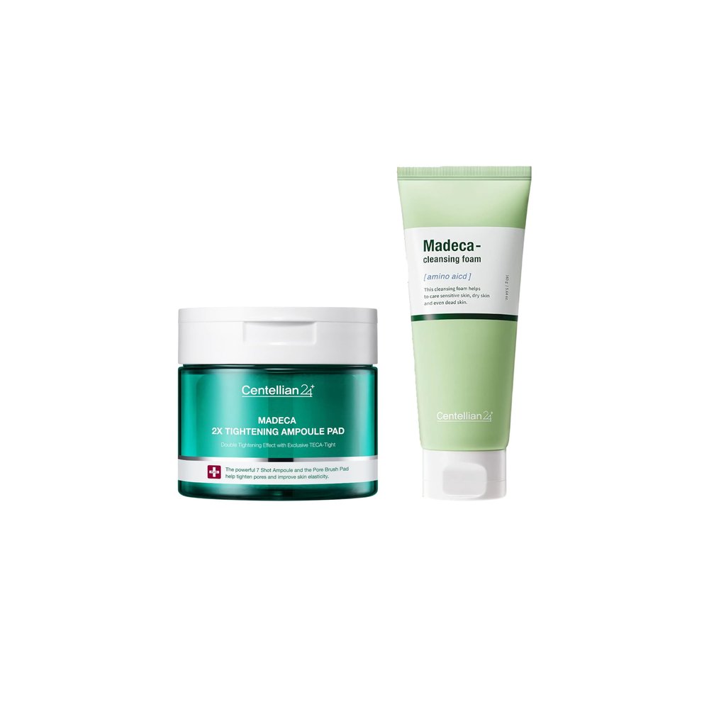 CENTELLIAN 24 Cleansing Foam (5.64oz) + Madeca Double Tightening Ampoule Pad (5.58fl oz x 60 pcs) - Korean Skin Care for Gentle Cleansing, Hydration, Pore Minimizing & Exfoliating, with TECA, AHA/BHA