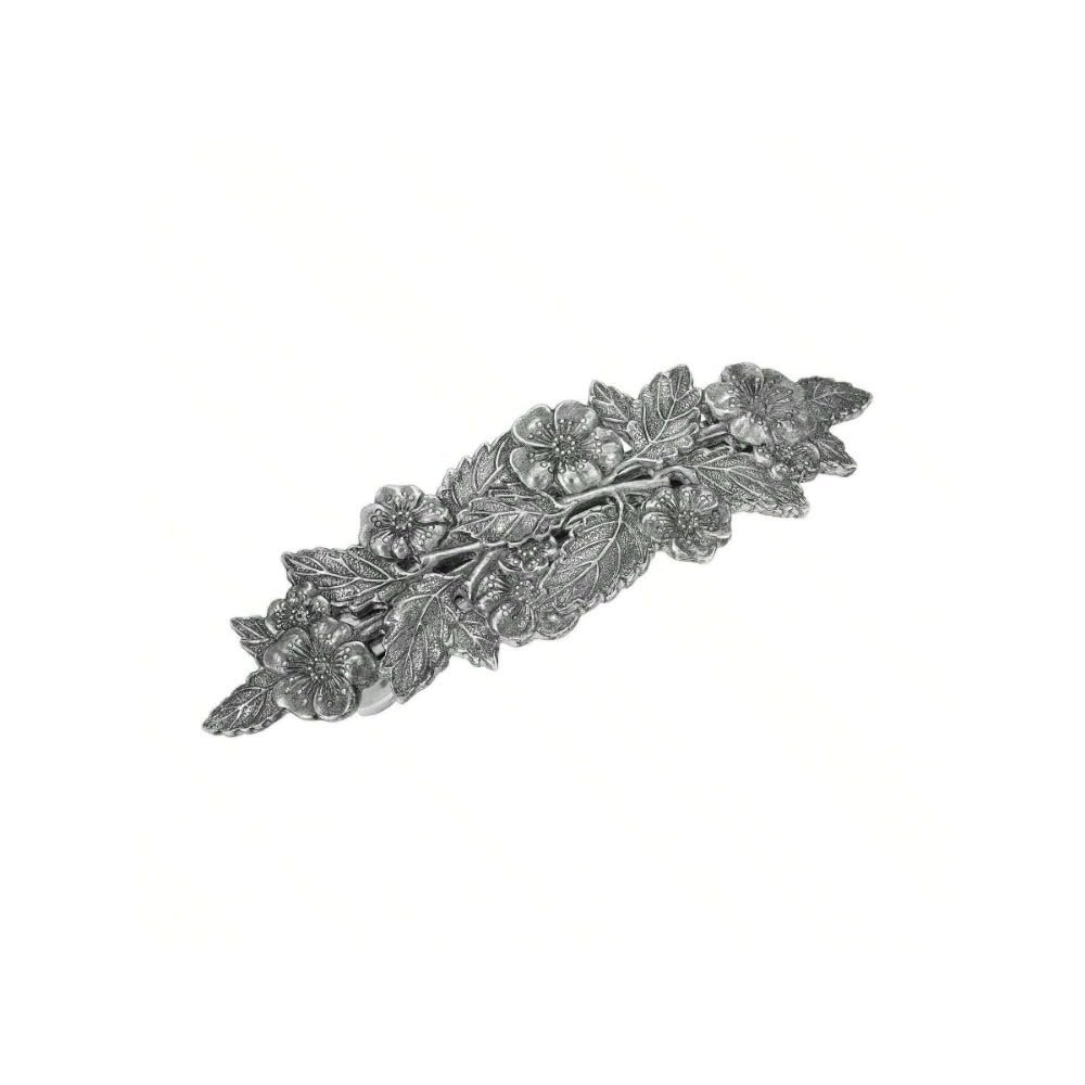 Vintage Silver Floral Hair Barrette, Antique Style Leaf Design, Metal Hair Clip with Crystal Accents