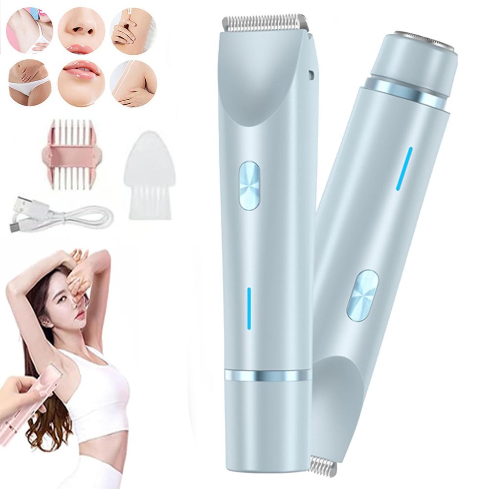 Electric Razor, Hair Trimmer, Dual Head Bikini Shaver for Women, Ipx7 Waterproof Wet & Dry Wet and Dry, USB Rechargeable for Facial Face Lip Chin Underarm Legs (Blue)