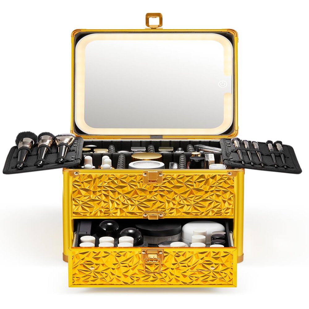 Qislee Makeup Box with Drawer and A Detachable Lighted Mirror, Waterproof Travel Train Case, Cosmetic Organizer and Makeup Suitcase with Adjustable Dividers, Magnetic LED Mirror (Luxury Gold)