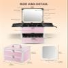 Qislee Makeup Box with Drawer and A Detachable Lighted Mirror, Waterproof Travel Train Case, Cosmetic Organizer and Makeup Suitcase with Adjustable Dividers, Magnetic LED Mirror (ICY Pink) view 3