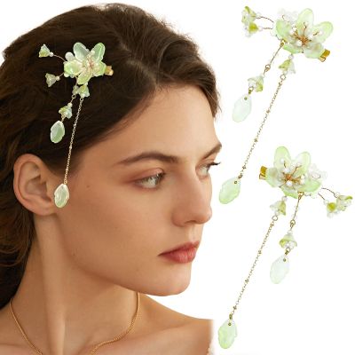 1 Pair of Green Handmade Lily Hair Clips, Flower Hair Pins, Hanfu Decorative Hair Barrettes, Floral Tassel Hair Clip, Chinese Asian Japanese Hair Accessories for Women Girls
