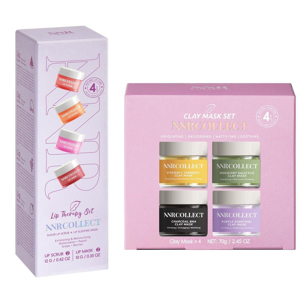 ANRCOLLECT Face and Lip Skincare Set with Clay Mask Set(4 Pack) and 1 Lip Care Kit(2 Lip Scrub and 2 Lip Mask)