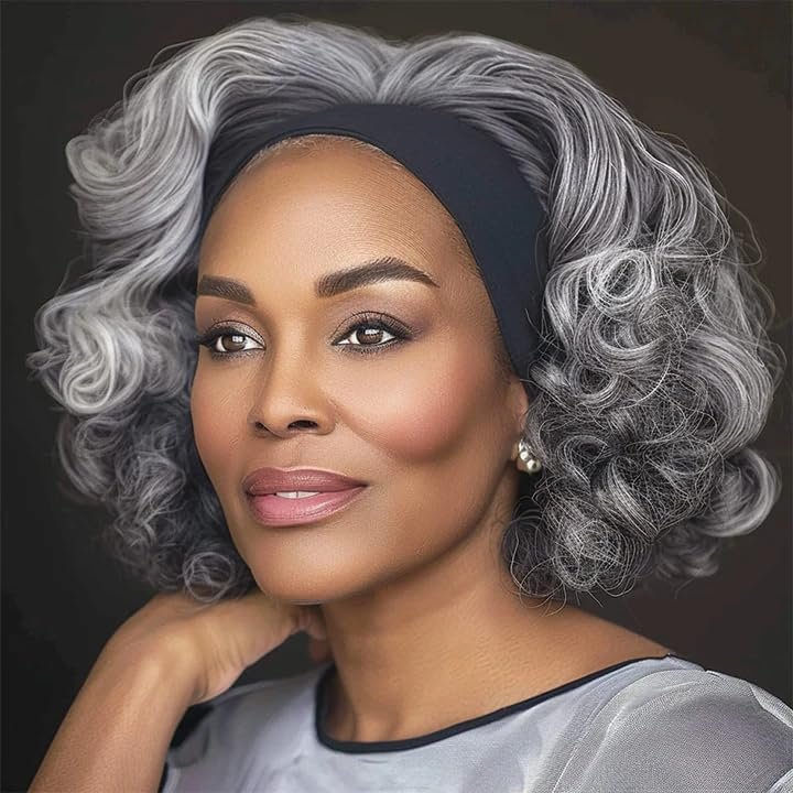 SOUL LADY Salt And Pepper Grey Wigs, Body Wave Headband Human Hair Wigs For Seniors Silver Gray Body Wave Headband Wig Non Lace Bob Wig 14 Inch
