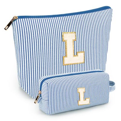 2 PCS Initial Makeup Bags for Women: Cosmetic Bag for Travel Toiletry - Birthday Gifts for 11 12 13 14 15 16 17 18 Years Old Girl Graduation Teacher Gift- Teen Girl Gifts Trendy Stuff - Blue L