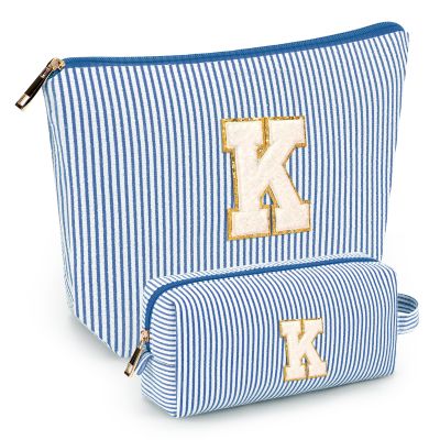 2 PCS Initial Makeup Bags for Women: Cosmetic Bag for Travel Toiletry - Birthday Gifts for 11 12 13 14 15 16 17 18 Years Old Girl Graduation Teacher Gift- Teen Girl Gifts Trendy Stuff - Blue K