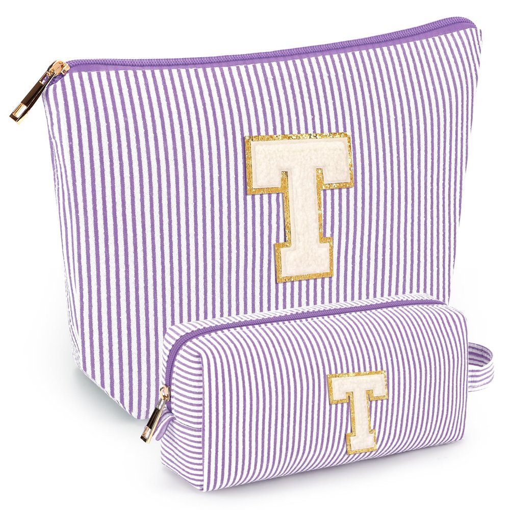 2 PCS Initial Makeup Bags for Women: Cosmetic Bag for Travel Toiletry - Birthday Gifts for 11 12 13 14 15 16 17 18 Years Old Girl Graduation Teacher Gift- Teen Girl Gifts Trendy Stuff - Purple T