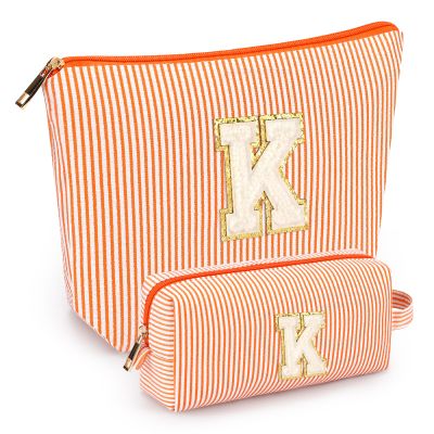 2 PCS Initial Makeup Bags for Women: Cosmetic Bag for Travel Toiletry - Birthday Gifts for 11 12 13 14 15 16 17 18 Years Old Girl Graduation Teacher Gift- Teen Girl Gifts Trendy Stuff - Orange K