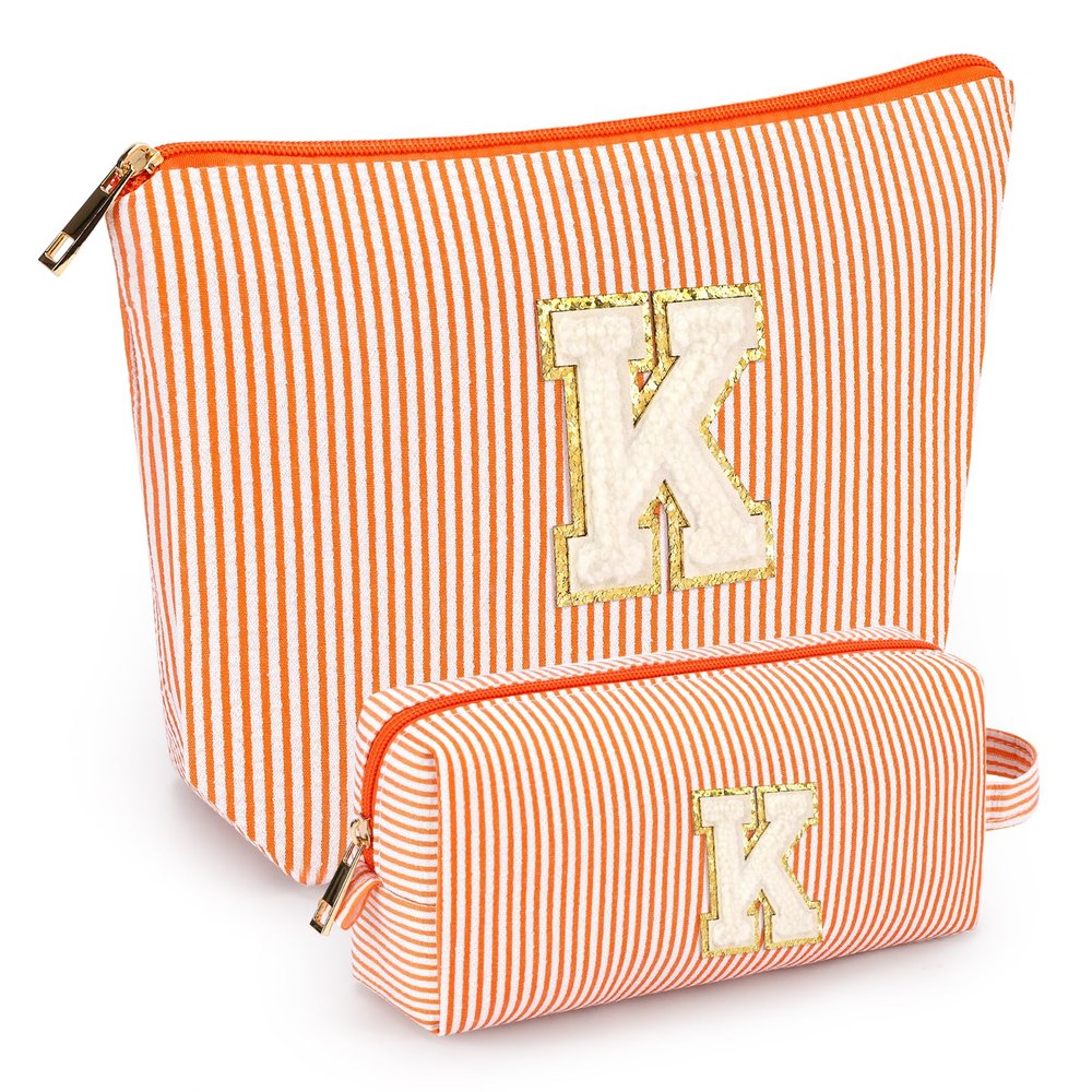 2 PCS Initial Makeup Bags for Women: Cosmetic Bag for Travel Toiletry - Birthday Gifts for 11 12 13 14 15 16 17 18 Years Old Girl Graduation Teacher Gift- Teen Girl Gifts Trendy Stuff - Orange K