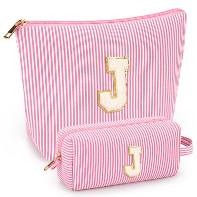 2 PCS Initial Makeup Bags for Women: Cosmetic Bag for Travel Toiletry - Birthday Gifts for 11 12 13 14 15 16 17 18 Years Old Girl Graduation Teacher Gift- Teen Girl Gifts Trendy Stuff - Pink J