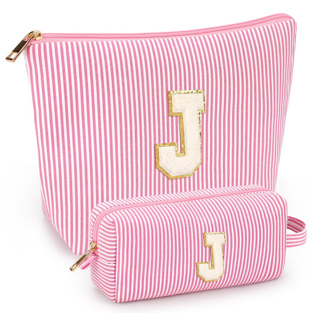 2 PCS Initial Makeup Bags for Women: Cosmetic Bag for Travel Toiletry - Birthday Gifts for 11 12 13 14 15 16 17 18 Years Old Girl Graduation Teacher Gift- Teen Girl Gifts Trendy Stuff - Pink J