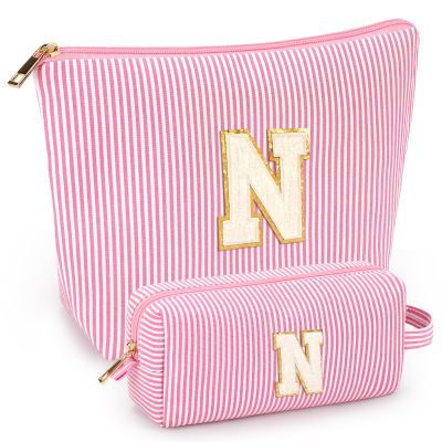 2 PCS Initial Makeup Bags for Women: Cosmetic Bag for Travel Toiletry - Birthday Gifts for 11 12 13 14 15 16 17 18 Years Old Girl Graduation Teacher Gift- Teen Girl Gifts Trendy Stuff - Pink N