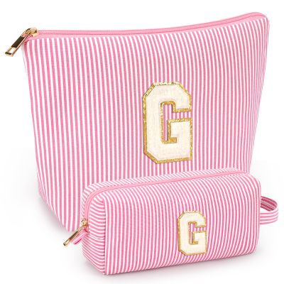 2 PCS Initial Makeup Bags for Women: Cosmetic Bag for Travel Toiletry - Birthday Gifts for 11 12 13 14 15 16 17 18 Years Old Girl Graduation Teacher Gift- Teen Girl Gifts Trendy Stuff - Pink G