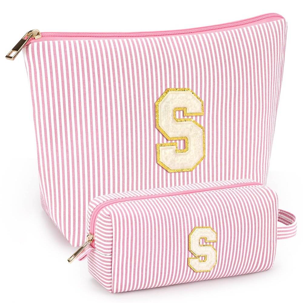 2 PCS Initial Makeup Bags for Women: Cosmetic Bag for Travel Toiletry - Birthday Gifts for 11 12 13 14 15 16 17 18 Years Old Girl Graduation Teacher Gift- Teen Girl Gifts Trendy Stuff - Light Pink S