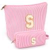 2 PCS Initial Makeup Bags for Women: Cosmetic Bag for Travel Toiletry - Birthday Gifts for 11 12 13 14 15 16 17 18 Years Old Girl Graduation Teacher Gift- Teen Girl Gifts Trendy Stuff - Pink S view 1