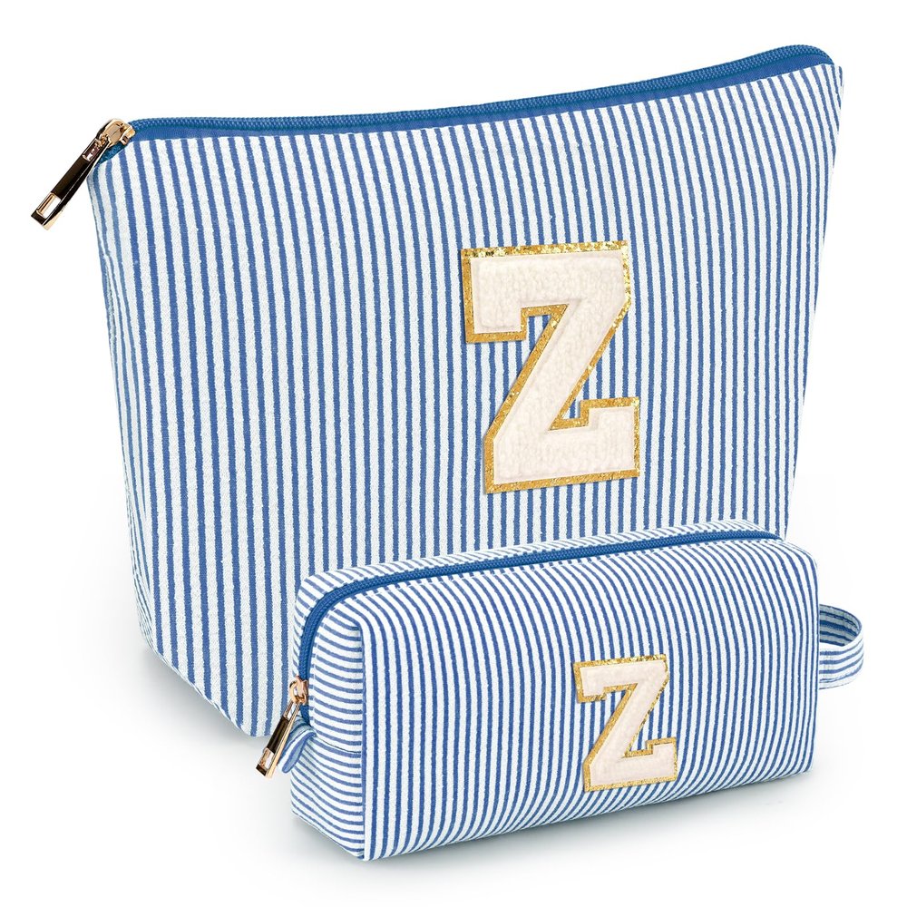 2 PCS Initial Makeup Bags for Women: Cosmetic Bag for Travel Toiletry - Birthday Gifts for 11 12 13 14 15 16 17 18 Years Old Girl Graduation Teacher Gift- Teen Girl Gifts Trendy Stuff - Blue Z