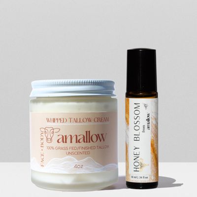 Amallow Grass Fed Beef Tallow Skincare & Perfume Set - Whipped Moisturizer for Face & Body (Unscented) + All Natural Perfume Roller (Honey Blossom)