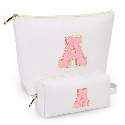 2 PCS Initial Makeup Bags for Women: Cosmetic Bag for Travel Toiletry - Birthday Gifts for 11 12 13 14 15 16 17 18 Years Old Girl Graduation Teacher Gift- Teen Girl Gifts Trendy Stuff - White A