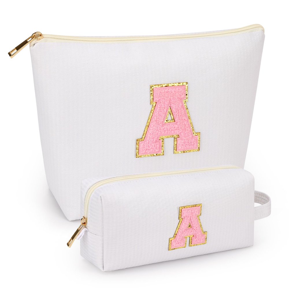 2 PCS Initial Makeup Bags for Women: Cosmetic Bag for Travel Toiletry - Birthday Gifts for 11 12 13 14 15 16 17 18 Years Old Girl Graduation Teacher Gift- Teen Girl Gifts Trendy Stuff - White A