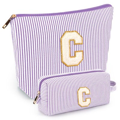 2 PCS Initial Makeup Bags for Women: Cosmetic Bag for Travel Toiletry - Birthday Gifts for 11 12 13 14 15 16 17 18 Years Old Girl Graduation Teacher Gift- Teen Girl Gifts Trendy Stuff - Purple C