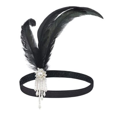 1920's Feather Headband,Art Deco Headpiece Pearl Headband Masquerade Hair Band Cosplay Dress Headwear Rhinestone Hair Accessories(B)