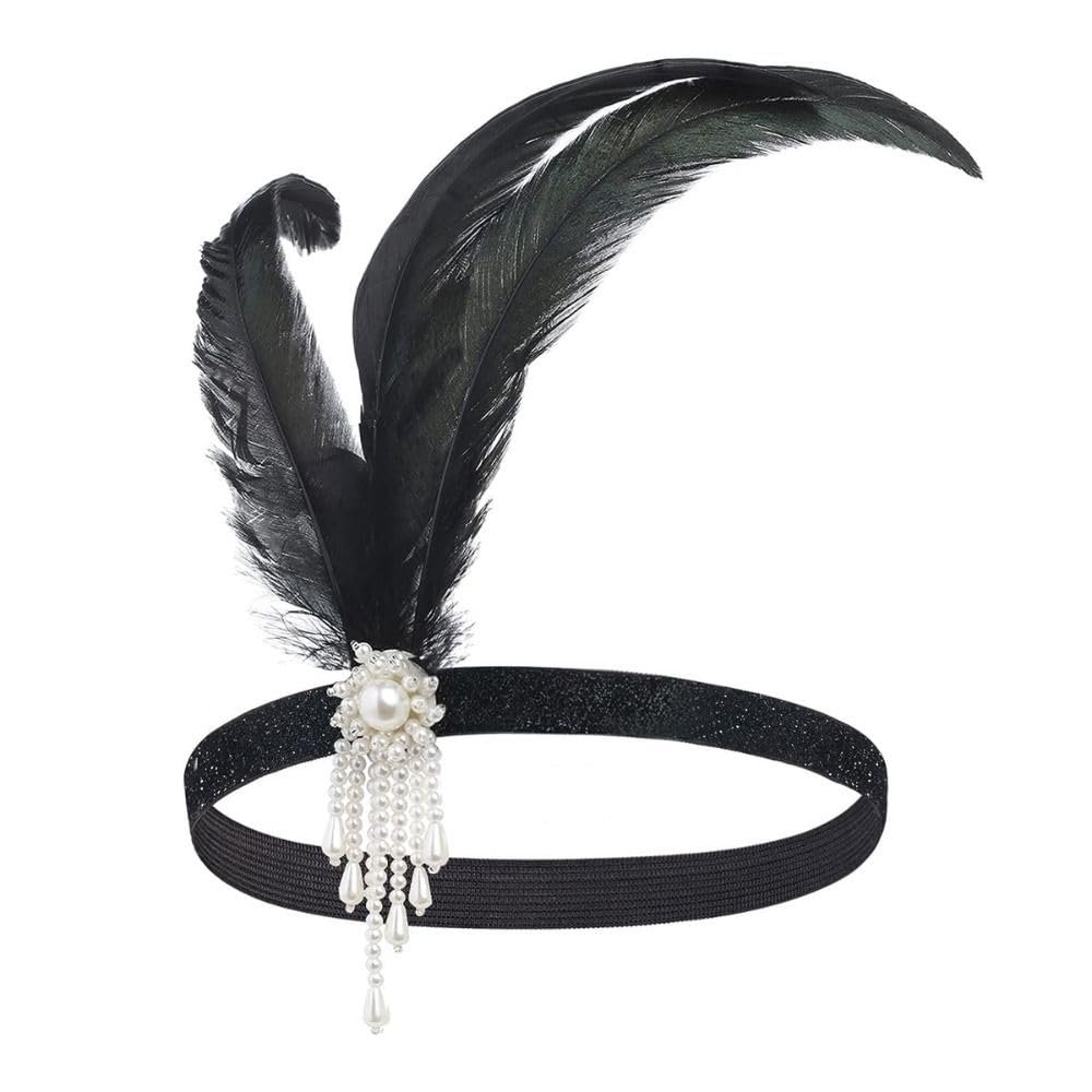 1920's Feather Headband,Art Deco Headpiece Pearl Headband Masquerade Hair Band Cosplay Dress Headwear Rhinestone Hair Accessories(B)