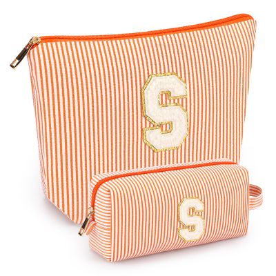 2 PCS Initial Makeup Bags for Women: Cosmetic Bag for Travel Toiletry - Birthday Gifts for 11 12 13 14 15 16 17 18 Years Old Girl Graduation Teacher Gift- Teen Girl Gifts Trendy Stuff - Orange S
