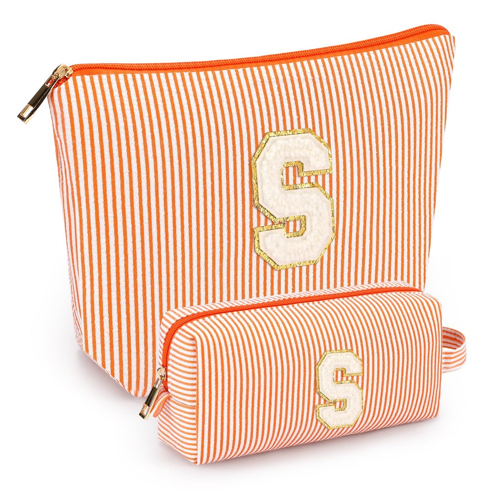 2 PCS Initial Makeup Bags for Women: Cosmetic Bag for Travel Toiletry - Birthday Gifts for 11 12 13 14 15 16 17 18 Years Old Girl Graduation Teacher Gift- Teen Girl Gifts Trendy Stuff - Orange S