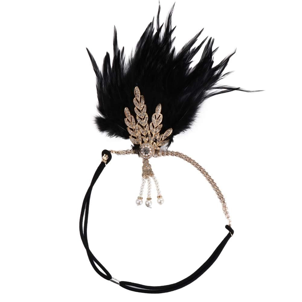 1920s Women Feather Crystal Headband,Flapper Headband Feather Headband Tassel Head Bands Rhiestones Headpiece Head Chain for Women(B)