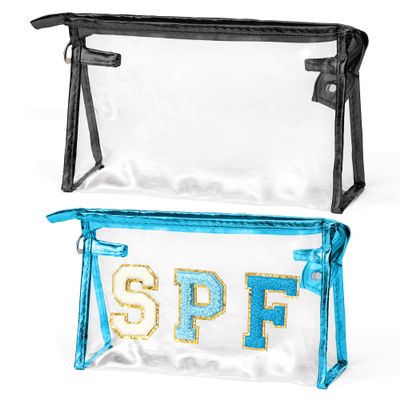 AellasNervalt Preppy Patch Cosmetic Bags - 2Pcs SPF Chenille Varsity Letter Blue Toiletry Bag Black Large Clear Waterproof Portable Makeup Bag Clutch Purse Travel Bag for Women