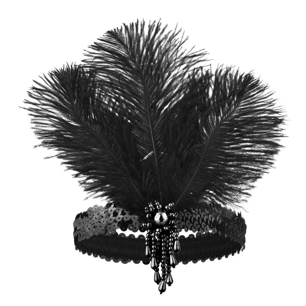 1920's Feather Headband,Art Deco Headpiece Pearl Headband Masquerade Hair Band Cosplay Dress Headwear Rhinestone Hair Accessories(H)