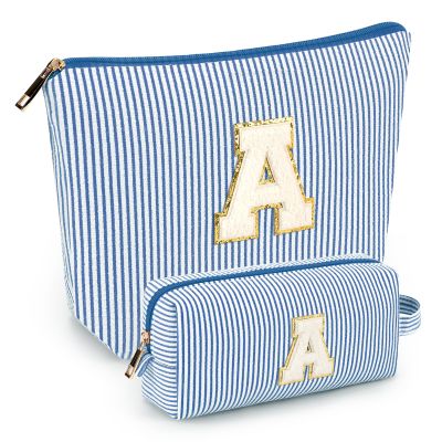 2 PCS Initial Makeup Bags for Women: Cosmetic Bag for Travel Toiletry - Birthday Gifts for 11 12 13 14 15 16 17 18 Years Old Girl Graduation Teacher Gift- Teen Girl Gifts Trendy Stuff - Blue A