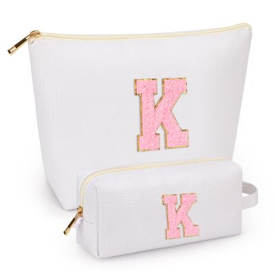 2 PCS Initial Makeup Bags for Women: Cosmetic Bag for Travel Toiletry - Birthday Gifts for 11 12 13 14 15 16 17 18 Years Old Girl Graduation Teacher Gift- Teen Girl Gifts Trendy Stuff - White K