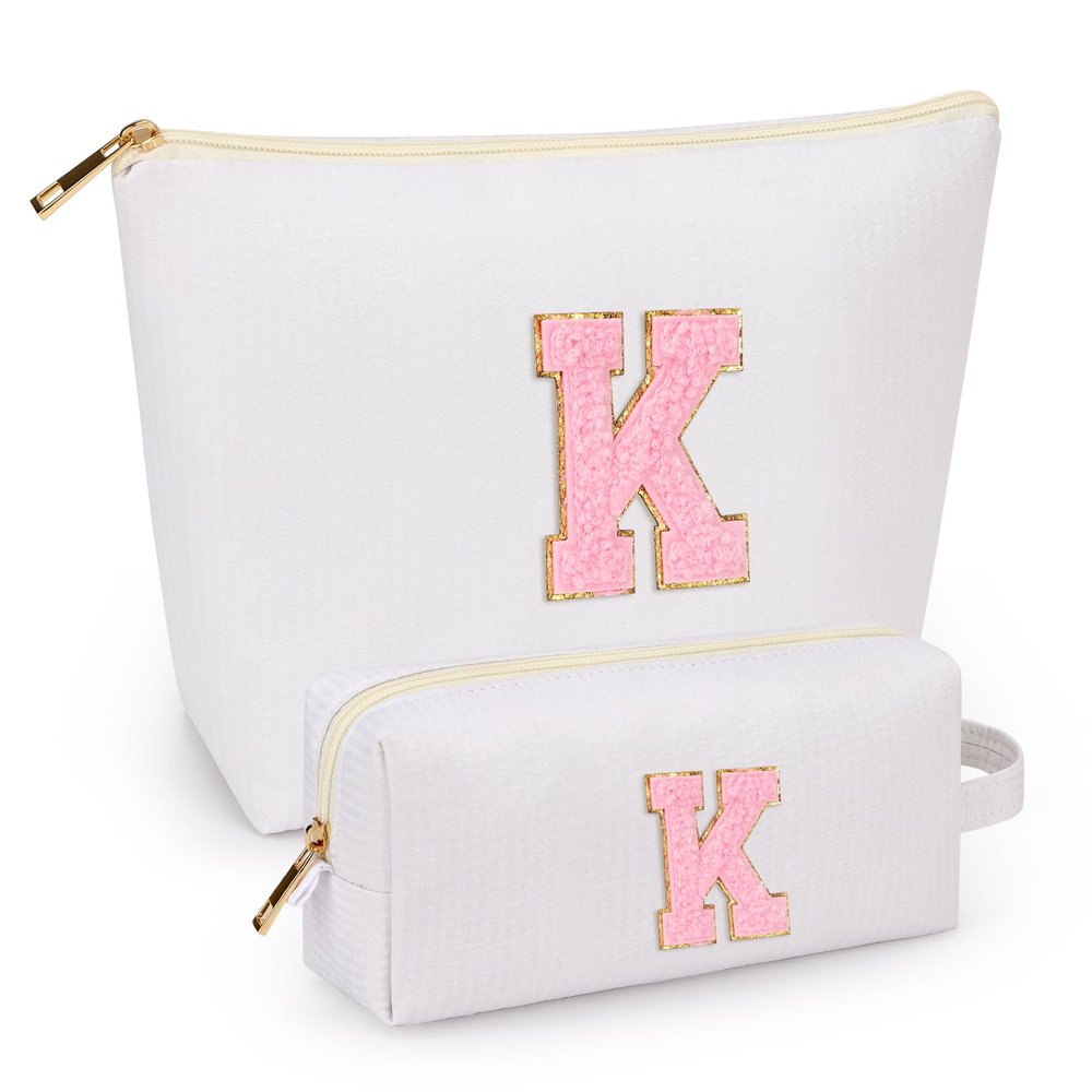 2 PCS Initial Makeup Bags for Women: Cosmetic Bag for Travel Toiletry - Birthday Gifts for 11 12 13 14 15 16 17 18 Years Old Girl Graduation Teacher Gift- Teen Girl Gifts Trendy Stuff - White K