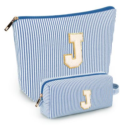 2 PCS Initial Makeup Bags for Women: Cosmetic Bag for Travel Toiletry - Birthday Gifts for 11 12 13 14 15 16 17 18 Years Old Girl Graduation Teacher Gift- Teen Girl Gifts Trendy Stuff - Blue J