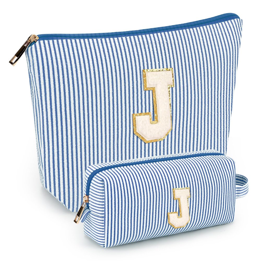 2 PCS Initial Makeup Bags for Women: Cosmetic Bag for Travel Toiletry - Birthday Gifts for 11 12 13 14 15 16 17 18 Years Old Girl Graduation Teacher Gift- Teen Girl Gifts Trendy Stuff - Blue J