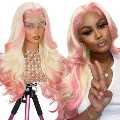 13 * 6Pink Synthetic Hair Wig Lace Front Glueless Body Wave Ombre Blonde Pink Pre Plucked HD Transparent Lace Breathable Ready to Wear with Baby Hair for Women